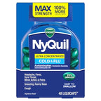 Buy now NyQuil Ultra Concentrated Cold and Flu Medicine, Nighttime, Relief for Cough, Sore Throat, Fever, Congestion, Easy to Swallow, Easy to Open Bottle, 48 LiquiCaps at indiglob india