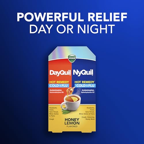 Buy now Vicks DayQuil & NyQuil Hot Remedy Cold & Flu Powder Mix, Over-The-Counter Medicine, Value Pack, Fast Relief for Headache, Fever, Sore Throat, Minor Aches and Pains, and Cough, 16 Packets at indiglob india