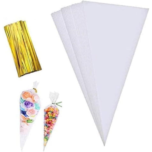 Buy now 100 Pieces Popcorn Bags for Party Cone Shape Bags Transparent Cello Bags Sweet Clear Treat Bags with 100 Pieces Twist Ties, 9.8 x 5.1 Inch (Gold Twist Ties) at indiglob india
