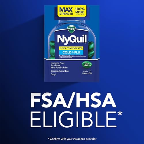 Buy now NyQuil Ultra Concentrated Cold and Flu Medicine, Nighttime, Relief for Cough, Sore Throat, Fever, Congestion, Easy to Swallow, Easy to Open Bottle, 48 LiquiCaps at indiglob india