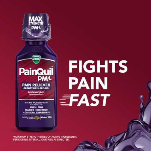 Buy now Vicks PainQuil Pain Relief Acetaminophen 1000mg Max Strength Adult Pain Reliever Liquid 12oz, Backache Headache Relief, 1 Nighttime Pain Reliever + Sleep Aid at indiglob india
