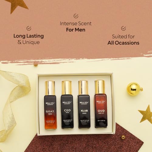 Buy now Bella Vita Luxury Long Lasting Perfume Gift Set for Man | 4x20ml | Gifts for Men | Woody, Citrusy, Oud, Premium Fragrance Scent | KLUB, OUD, CEO, G.O.A.T | Best gift for Valentine's Day at indiglob india