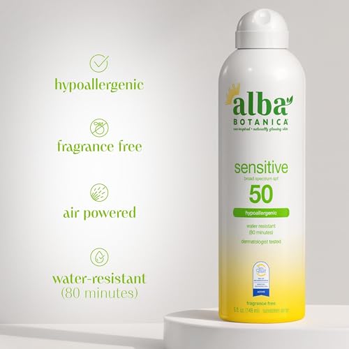 Buy now Alba Botanica Sensitive Sunscreen Spray for Face and Body, Fragrance-Free, Broad Spectrum SPF 50, Water Resistant, 5 fl. oz. Bottle at indiglob india