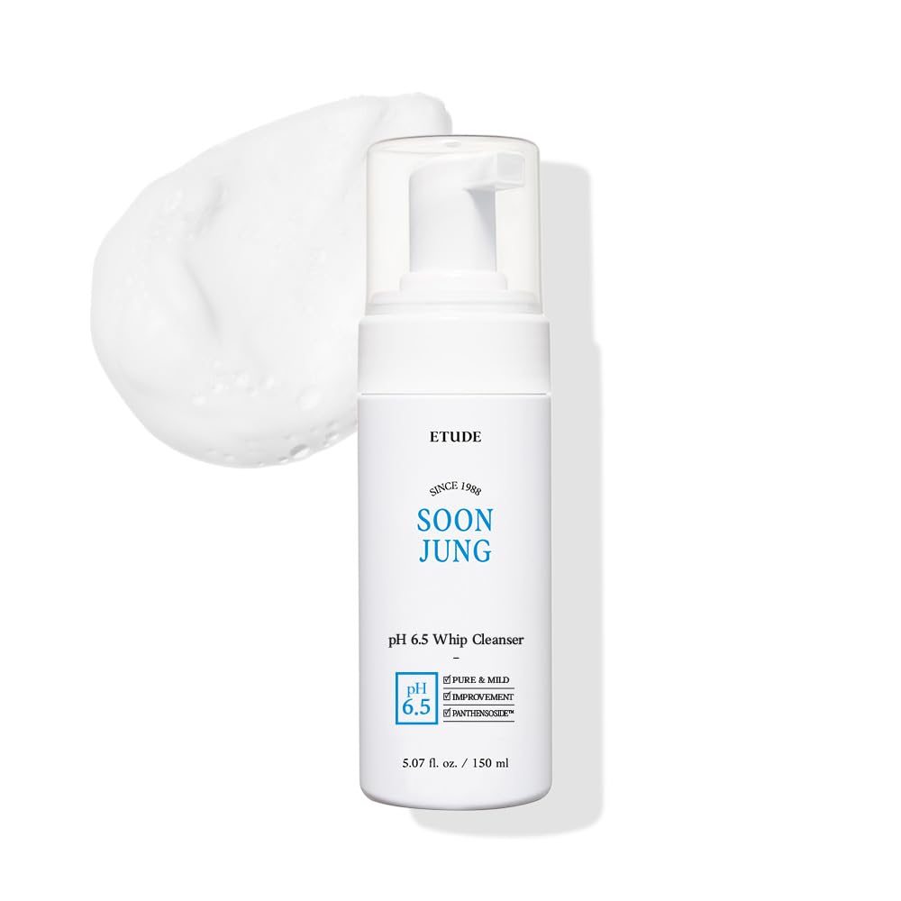 ETUDE SoonJung pH 6.5 Whip Face Cleanser for Sensitive Skin, 5.07 fl oz | Vegan, non-comedogenic face cleanser creates mild microfoam to cleanse sensitive skin without stripping moisture.