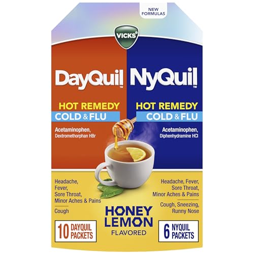 Buy now Vicks DayQuil & NyQuil Hot Remedy Cold & Flu Powder Mix, Over-The-Counter Medicine, Value Pack, Fast Relief for Headache, Fever, Sore Throat, Minor Aches and Pains, and Cough, 16 Packets at indiglob india