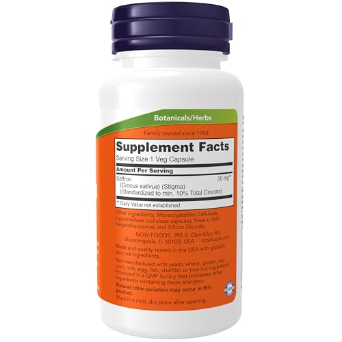 Buy now NOW Foods Supplements, Saffron Whole Herb 50 mg with 10% Crocins, 60 Veg Capsules with Microcrystalline cellulose, hypromellose (cellulose capsule), stearic acid (vegetable source) and silicon dioxide at indiglob india