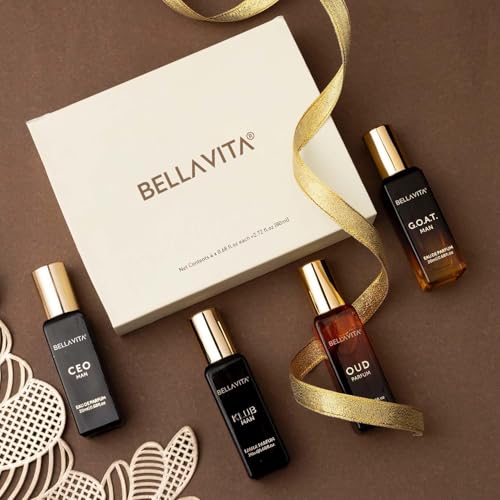 Buy now Bella Vita Luxury Long Lasting Perfume Gift Set for Man | 4x20ml | Gifts for Men | Woody, Citrusy, Oud, Premium Fragrance Scent | KLUB, OUD, CEO, G.O.A.T | Best gift for Valentine's Day at indiglob india