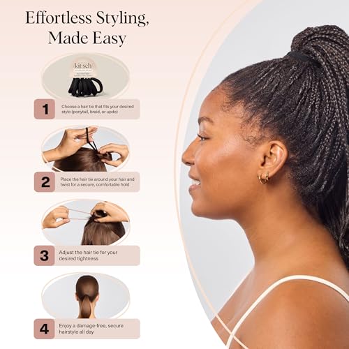 Buy now Kitsch Black Hair Ties No Damage - Strong, Stretchy Hair Bands | Soft Nylon Ponytail Holders, Snag-Free Rubber Bands, Perfect for Updos & Braids | Ideal Gifts for Women - Black, 6pcs at indiglob india