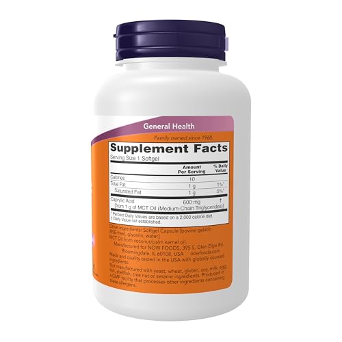 Buy now NOW Foods Supplements, Caprylic Acid 600 mg, MCT (Medium-Chain Triglycerides), 100 Softgels at indiglob india