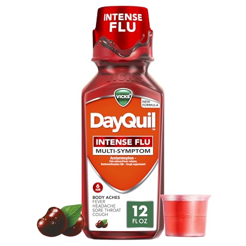 Buy now Vicks DayQuil Intense Flu Liquid, Over-The-Counter Medicine, Multi-Symptom, Powerful Daytime Relief for Body Aches, Fever, Headache, Sore Throat, and Cough, 6 Hour Relief, Cherry Flavor, 12 FL OZ at indiglob india