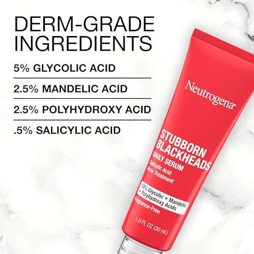 Buy now Neutrogena Stubborn Blackheads Daily Acne Facial Serum with Salicylic, Glycolic, Polyhydroxy & Mandelic Acids, Oil-Free Face Serum for Acne-Prone Skin to Help Clear Clogged Pores, 1 fl. oz at indiglob india