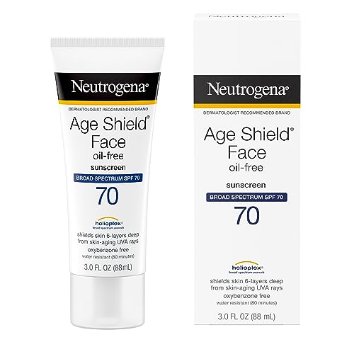 Buy now Neutrogena Age Shield Face Oil-Free Sunscreen Lotion with Broad Spectrum SPF 70, Non-Comedogenic Moisturizing Sunscreen to Help Prevent Signs of Aging, PABA-Free, 3 fl. oz (Pack of 3) at indiglob india