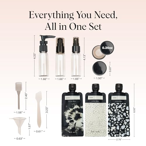 Buy now Kitsch 11 PCS Travel Bottles for Toiletries â€“ Travel Essentials Kit for Shampoo, Conditioner, Lotion & More - TSA Approved Travel Bottles, Leak-Proof Refillable Travel Size Containers - Black & Ivory at indiglob india