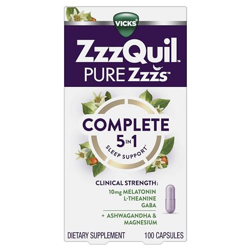 Buy now ZzzQuil Pure Zzzs Complete Sleep, Melatonin 10mg, L-Theanine, GABA, with Ashwagandha, and Magnesium, Melatonin Sleep Aid, 100 Count at indiglob india