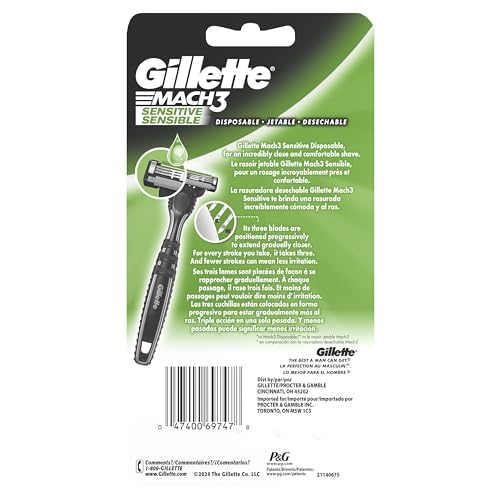 Buy now Gillette Mach3 Sensitive Razors for Men, Menâ€™s Disposable Razors, Pivoting Head for Close and Comfortable Shave, 7 Count at indiglob india