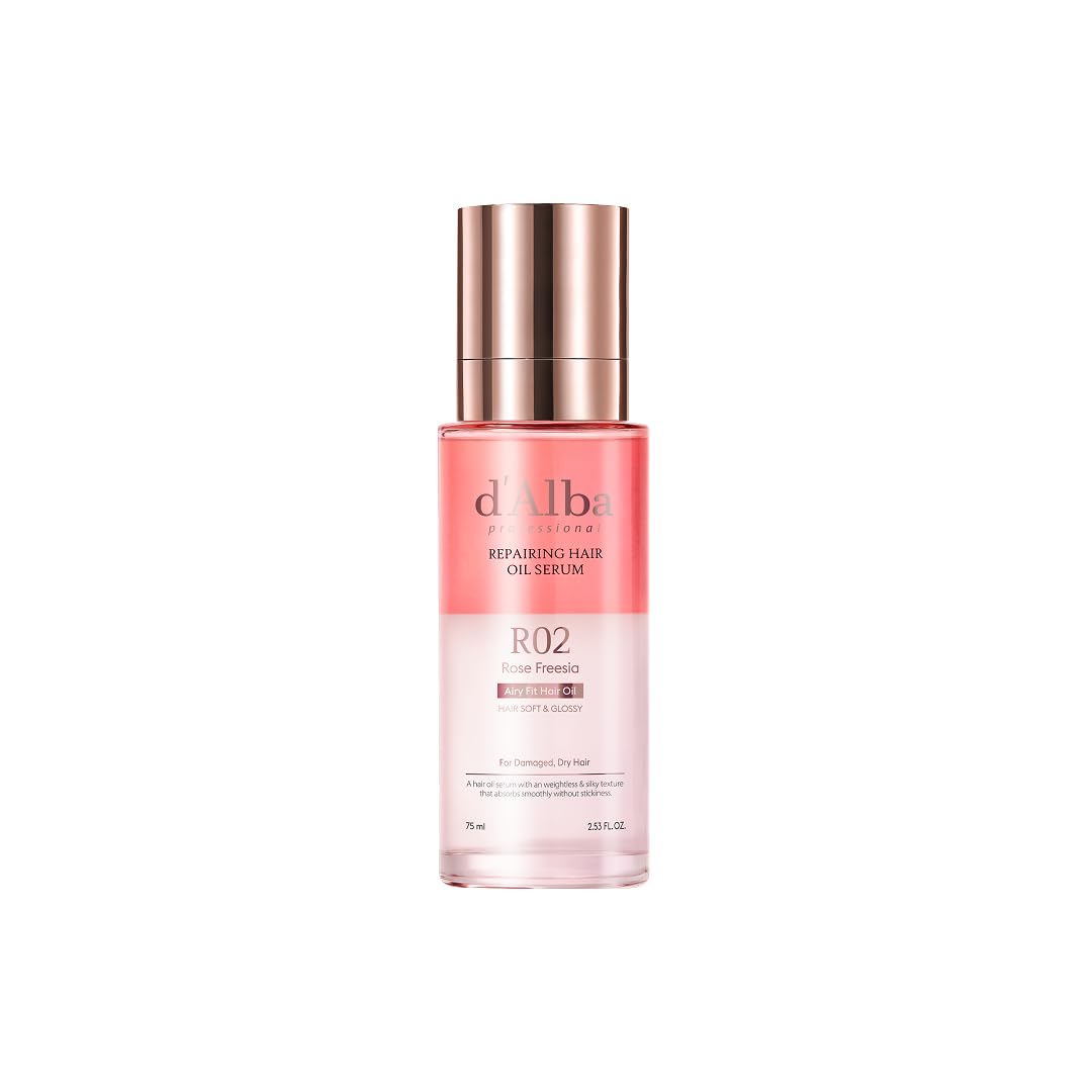d'alba Piedmont Professional Reparing Hair Oil Serum (2.54 fl oz), Silky and Glossy Hair, Lightweight & Airy Finish, Argan Oil, Amino Acid, Protein Complex, Rose Freesia Scent