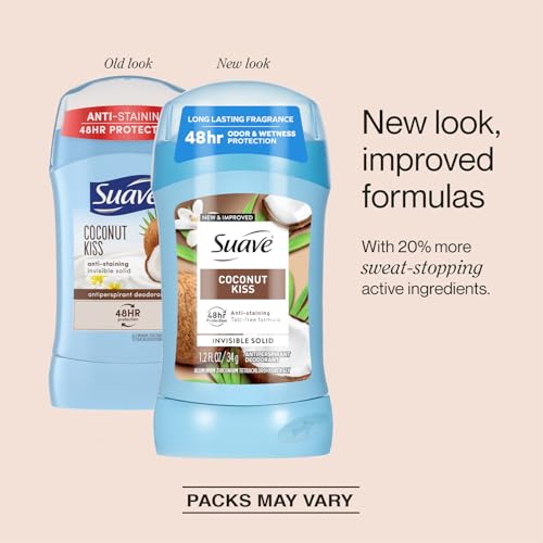 Buy now Suave Antiperspirant Deodorant for Women, Coconut Kiss 6-Pack â€“ Anti-Staining Invisible Solid Sticks, Talc-Free, 1.2 Oz Ea at indiglob india