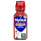 Buy now Vicks NyQuil Intense Flu Liquid, Over-the-Counter, Multi-Symptom, Nighttime Relief for Body Aches, Fever, Headache, Sore Throat, Sneezing, Runny Nose, and Cough, 6 Hour Relief, Cherry Flavor, 12 FL OZ at indiglob india