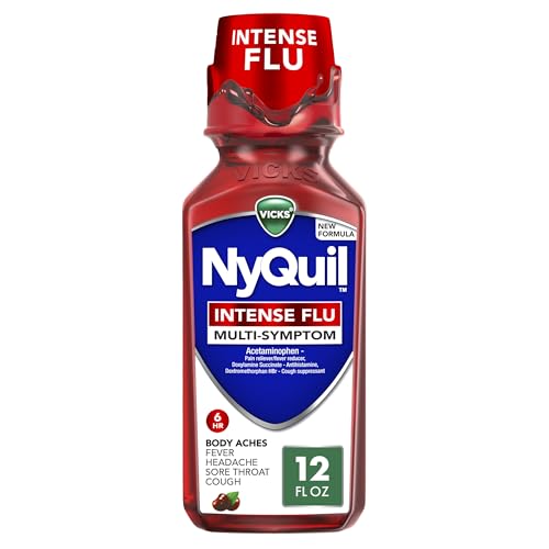 Buy now Vicks NyQuil Intense Flu Liquid, Over-the-Counter, Multi-Symptom, Nighttime Relief for Body Aches, Fever, Headache, Sore Throat, Sneezing, Runny Nose, and Cough, 6 Hour Relief, Cherry Flavor, 12 FL OZ at indiglob india