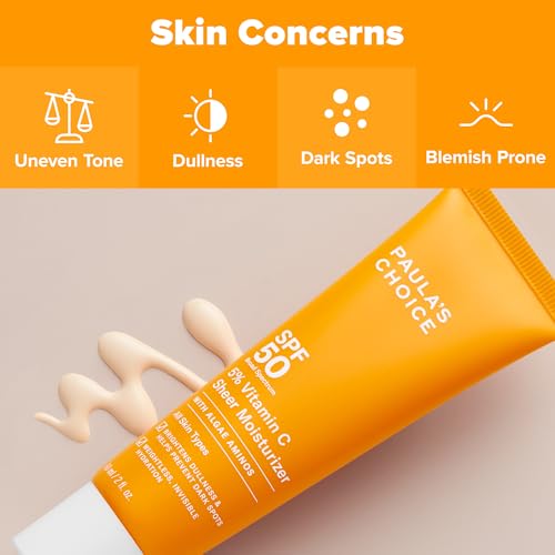 Buy now Paula's Choice 5% Vitamin C Sheer Sunscreen for Face, SPF 50 Face Sunscreen, Moisturizing, Lightweight Invisible, Prevents Dark Spots, No Cast, All Skin Types, UVA/UVB Protection, Fragrance-Free, 2oz at indiglob india