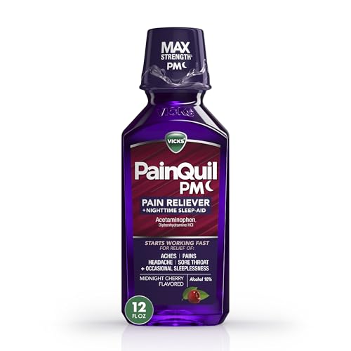 Buy now Vicks PainQuil Pain Relief Acetaminophen 1000mg Max Strength Adult Pain Reliever Liquid 12oz, Backache Headache Relief, 1 Nighttime Pain Reliever + Sleep Aid at indiglob india