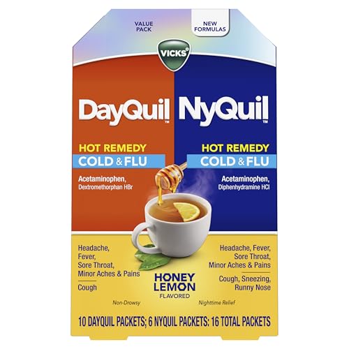 Buy now Vicks DayQuil & NyQuil Hot Remedy Cold & Flu Powder Mix, Over-The-Counter Medicine, Value Pack, Fast Relief for Headache, Fever, Sore Throat, Minor Aches and Pains, and Cough, 16 Packets at indiglob india