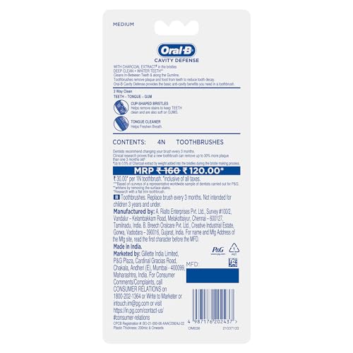 Buy now Oral B Cavity Defense 123 Black Toothbrush â€¹Â¨Â« Medium (Pack of 4) at indiglob india