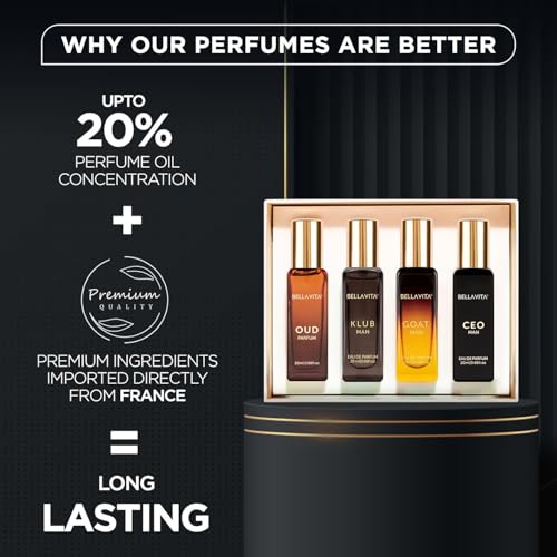 Buy now Bella Vita Luxury Long Lasting Perfume Gift Set for Man | 4x20ml | Gifts for Men | Woody, Citrusy, Oud, Premium Fragrance Scent | KLUB, OUD, CEO, G.O.A.T | Best gift for Valentine's Day at indiglob india