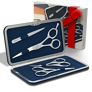 Buy now Suvorna Premium Beard & Mustache Set with Beard scissors for men - Facial Hair/Nose/Eyebrow Scissors - Slant Tweezers (4 Pcs Green) 5.5" Beard & Mustache Scissors Dark Blue at indiglob india
