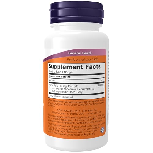 Buy now NOW Foods Supplements, Royal Jelly 1000 mg with 10-HDA (Hydroxy-D-Decenoic Acid), 60 Softgels at indiglob india