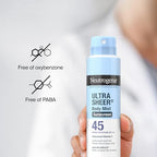 Buy now Neutrogena Ultra Sheer Body Mist Sunscreen Spray, Broad Spectrum SPF 45, Lightweight Spray Sunscreen, Non-Greasy & Water Resistant, Oil-Free & Non-Comedogenic UVA/UVB, 5 oz Pack of 3 at indiglob india