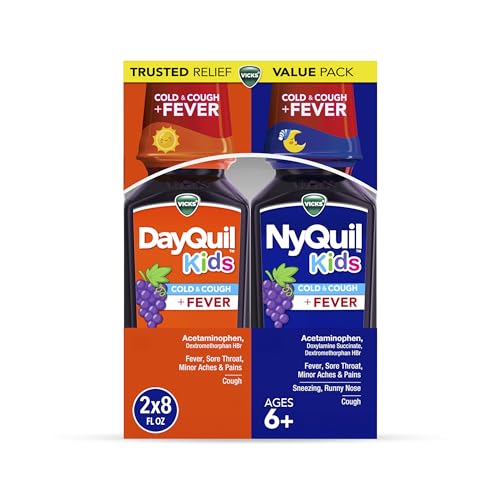 Buy now VICKS DayQuil and NyQuil Kids Grape Cold & Cough + Fever Multi-Symptom Relief Liquid Co-Pack, Specially Formulated for Kids Ages 6+, 2x8 OZ at indiglob india