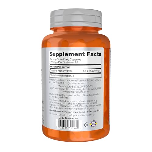 Buy now NOW Foods Sports Nutrition, Creatine Monohydrate 750 mg, Mass Building*/Energy Production*, 120 Veg Capsules at indiglob india