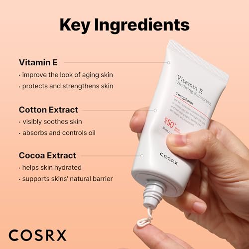 Buy now COSRX Vitamin E Vitalizing Face Sunscreen SPF 50, 1.69 fl oz, SPF Moisturizer, Lightweight under Makeup, Travel Essentials, Summer Essentials, Korean Skin Care, Korean Sunscreen for Face at indiglob india