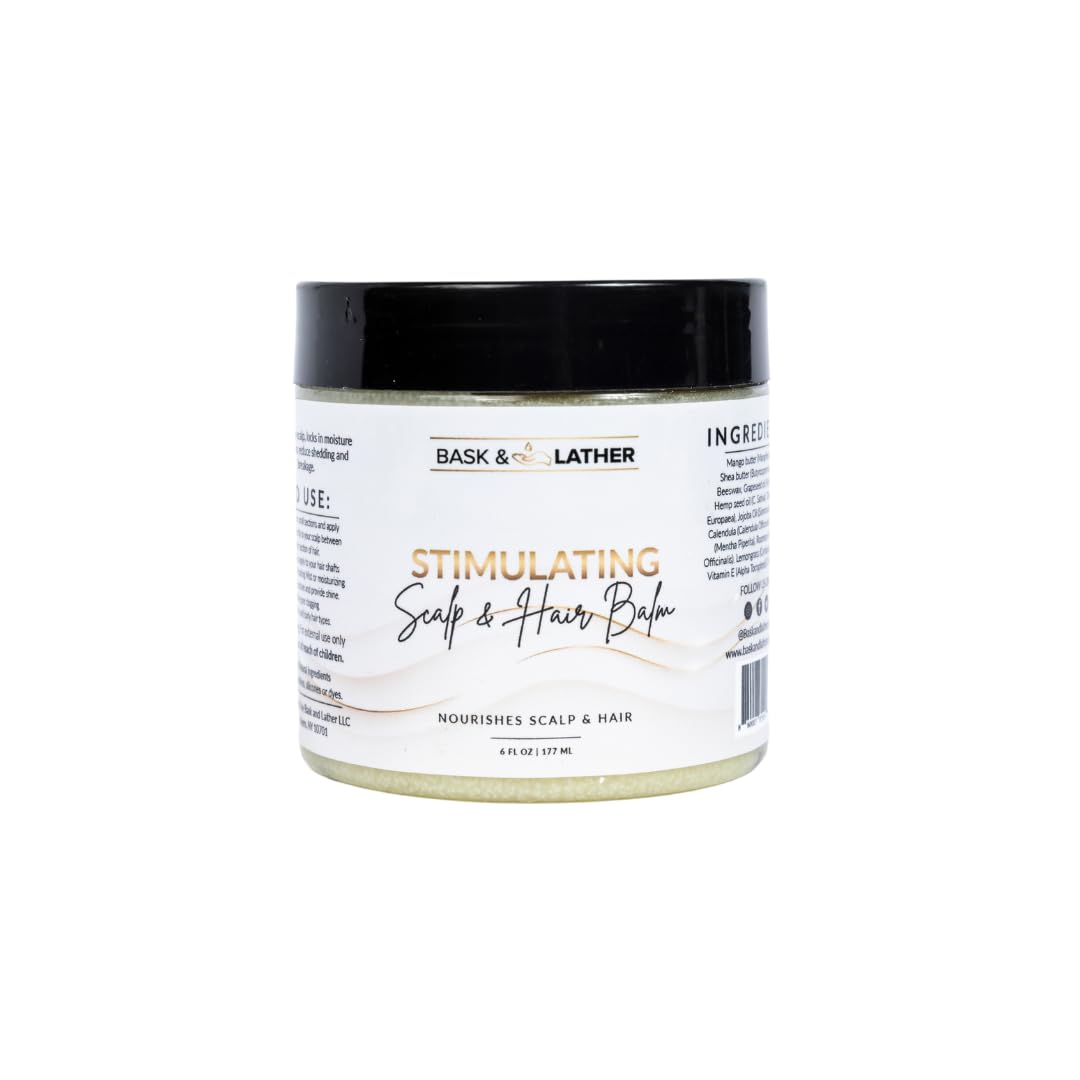 Bask & Lather Stimulating Scalp and Hair Balm for Hair Growth, Mango & Shea Butter, Nourishing Jojoba Oil, Peppermint & Rosemary Oil, Vitamin E, Scalp Care, Hair Care, Moisture, Shine & Strength, 6 oz
