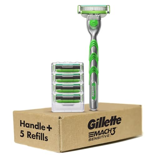 Buy now Gillette Mach3 Sensitive Razors for Men, 1 Handle, 5 Blade Refills, Designed for Sensitive Skin at indiglob india