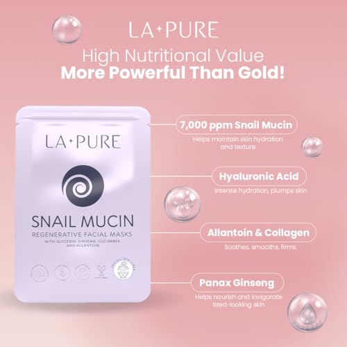 Buy now LA PURE Snail Mucin Mask – 10ct Korean Sheet Mask Pack for Signs of Aging, Aid Skin Repair & Hydration – Pure Snail Mask for Face with Collagen & Hyaluronic Acid – Cruelty-Free Hydrating Sheet Mask at indiglob india