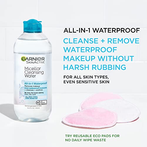 Buy now Garnier Micellar Cleansing Water, For All Skin Types, 13.5 fl oz + Micellar Cleansing Water, For Waterproof Makeup, 3.4 fl oz at indiglob india