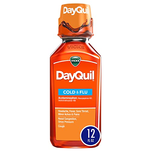 Buy now Vicks DayQuil Cold and Flu Relief Liquid Medicine, Non-Drowsy Powerful Multi-Symptom Daytime Relief for Headache, Fever, Sore Throat, Minor Aches and Pains, Nasal Congestion, Sinus Pressure, and Cough, 12 FL OZ at indiglob india
