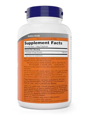 Buy now Now Foods L-Tyrosine 500mg, 300 Capsules - Non GMO - Supports Mental Alertness - 500 mg Caps - Free Form Supplement at indiglob india