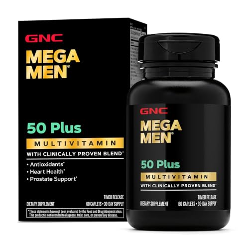 Buy now GNC Mega Men 50 Plus Multivitamin Caplets, Clinically Proven, Heart & Prostate Health, B Vitamins, Saw Palmetto, Memory, Vitamin D-3, 60 Count at indiglob india