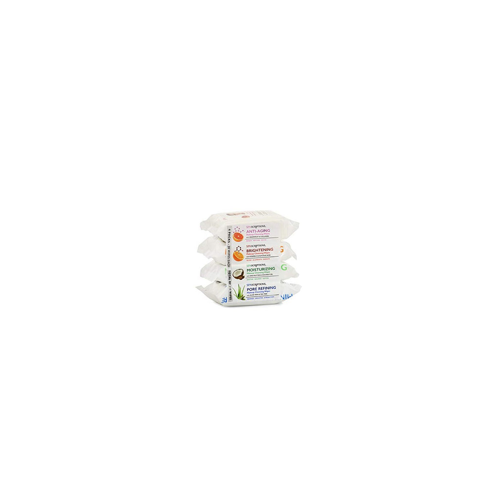 Buy now Spascriptions™ Anti-Aging, Brightening, Moisturizing & Pore Refining Towelettes Removes Waterproof Makeup, Revives with Collagen, Vitamin C, Coconut Oil, and Aloe Hypoallergenic, 120 Ct. 4 Pack at indiglob india