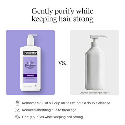 Buy now Neutrogena Hair Restore Strength + Purity Shampoo, Exfoliating Hair Wash with 1.5% Mandelic Acid Gently Removes 97% of Buildup & Reduces Shedding due to Breakage, Paraben-Free, 13 fl oz at indiglob india