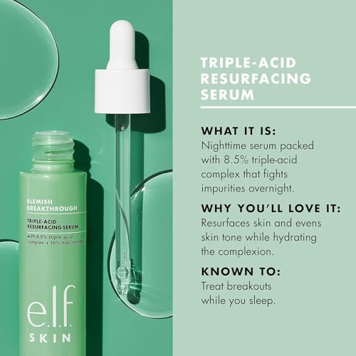 Buy now e.l.f. SKIN Blemish Breakthrough Triple-Acid Resurfacing Serum, Hydrating Night Serum For Fighting Blemishes, Helps Improve Skin Tone & Texture at indiglob india