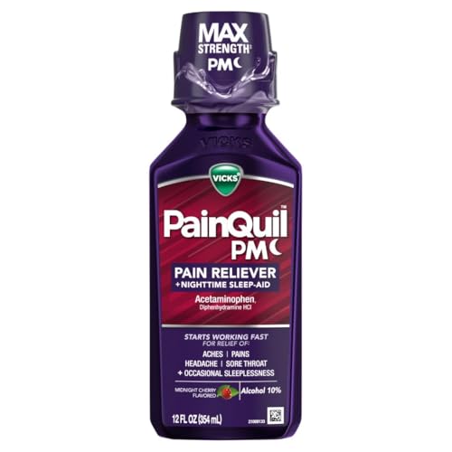 Buy now Vicks PainQuil Pain Relief Acetaminophen 1000mg Max Strength Adult Pain Reliever Liquid 12oz, Backache Headache Relief, 1 Nighttime Pain Reliever + Sleep Aid at indiglob india