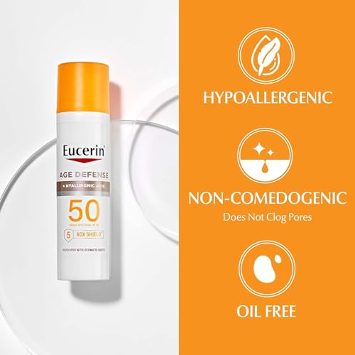 Buy now Eucerin Sun Age Defense SPF 50 Face Sunscreen Lotion with Hyaluronic Acid, Hypoallergenic, Non-Comedogenic Sunscreen SPF 50 Free of Fragrance, Oxybenzone and Octinoxate, 2.5 Fl Oz Bottle at indiglob india