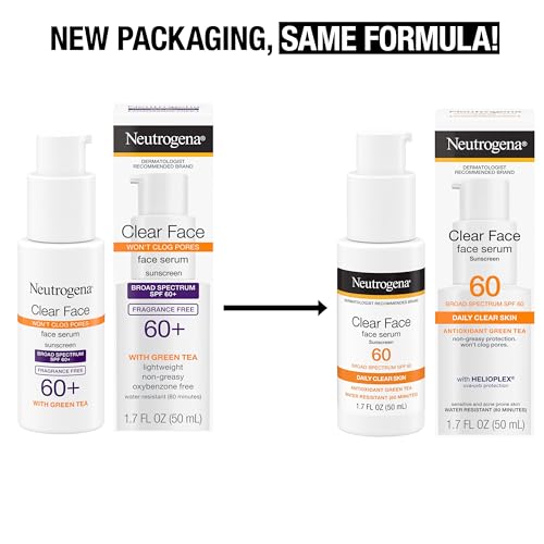 Buy now Neutrogena Clear Face Serum Sunscreen with Green Tea, Broad Spectrum SPF 60, Non-Comedogenic Face Sunscreen for Lightweight UVA/UVB Protection, Oxybenzone- & Fragrance-Free, 1.7 fl. oz at indiglob india