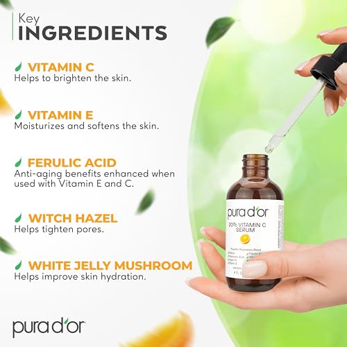 Buy now PURA D'OR 20% Vitamin C Facial Serum 4 Oz - Antioxidant Blend with Retinol, Hyaluronic Acid, Vitamin E & Ferulic Acid - Hydrating Lightweight Skincare Formula - Men and Women Daily Use Skin Care Plus at indiglob india