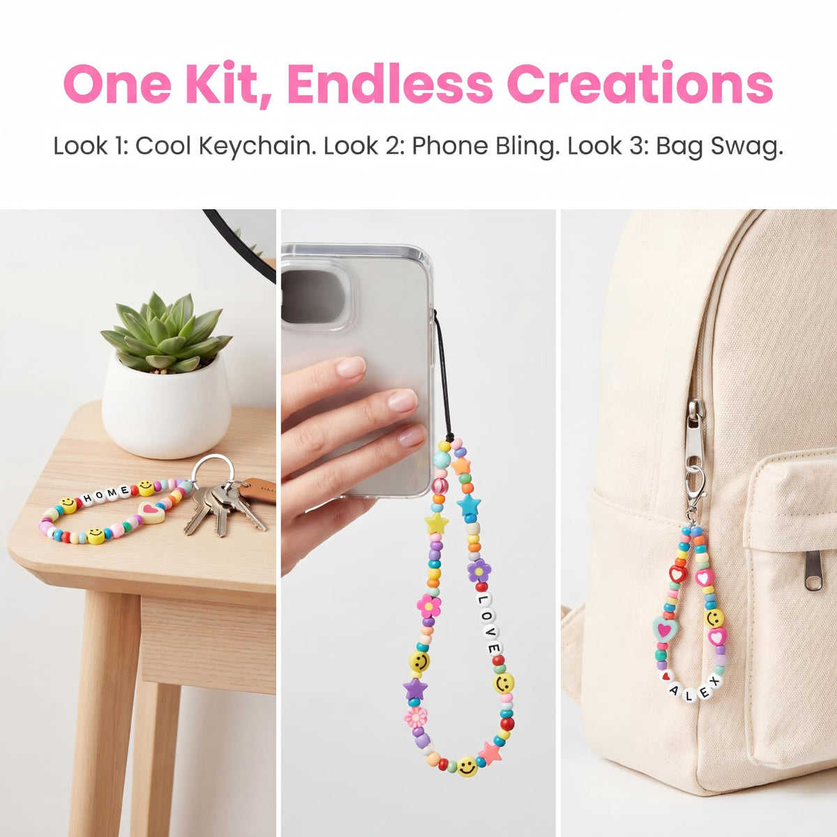 Explore the DIY Beaded Keychain Making Kit from Curat Cart, featuring vibrant designs for keychains, phone accessories, and bag charms.
