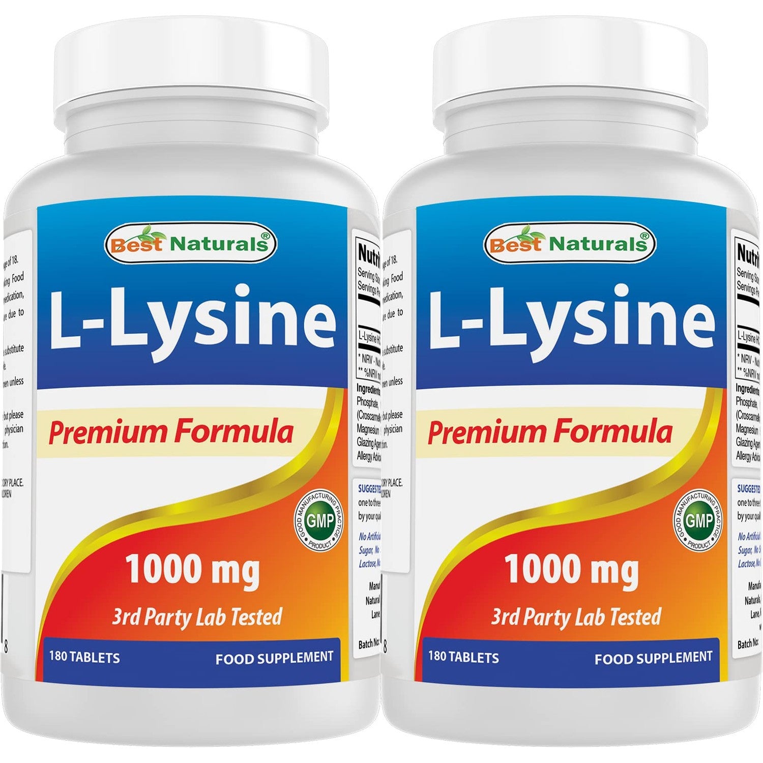 Best Naturals L-Lysine 1000mg 180 Tablets (180 Count (Pack of 1)) (2 Bottles)
